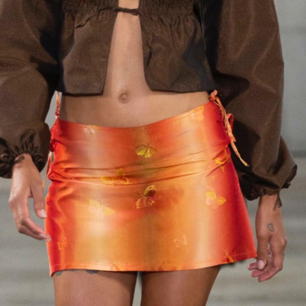 Orange Satin Mini Skirt with Butterfly Print